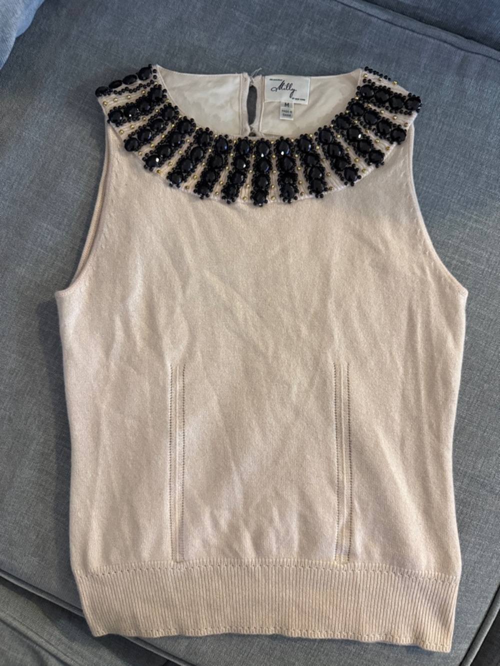 Milly 100% Cashmere Knit Beaded Collar Tank